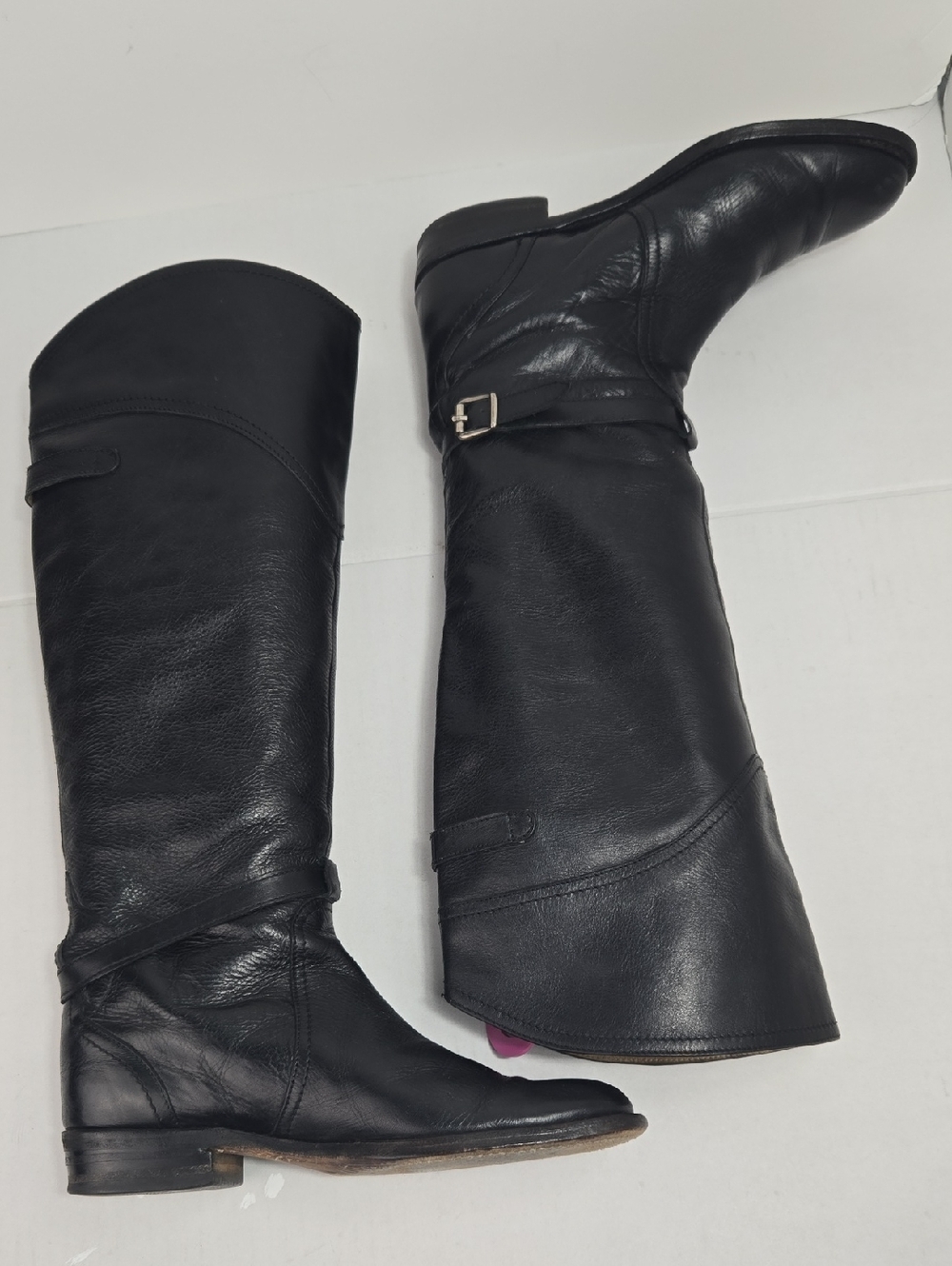 Frye Dorado Black Leather Tall Riding Boots Women's 8 Knee High Buckle 77560